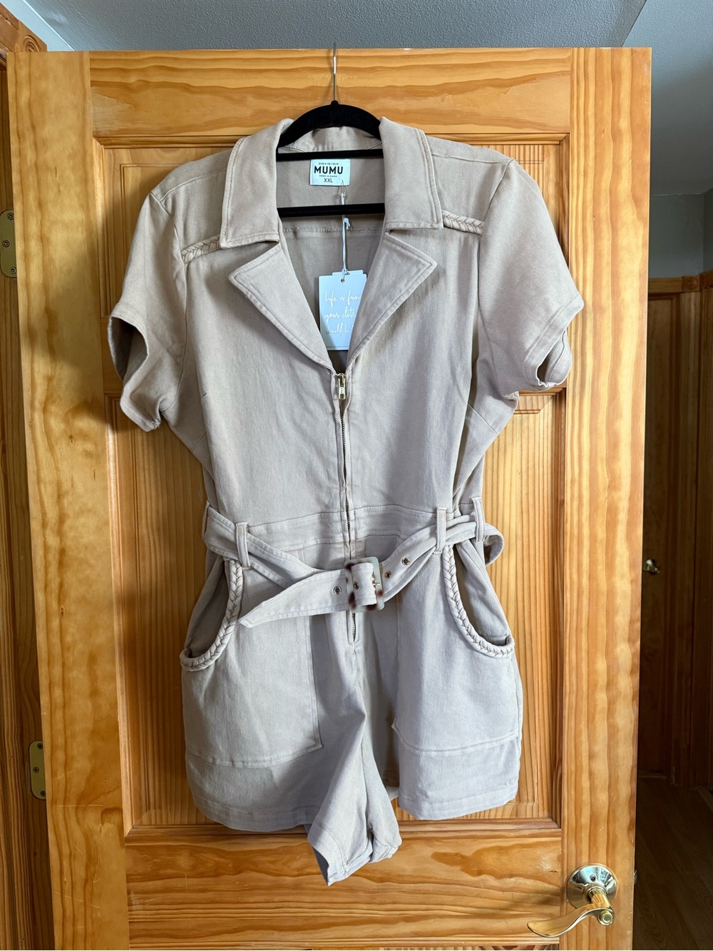 Show Me Your MuMu Short Sleeve Utility Romper in Light Taupe